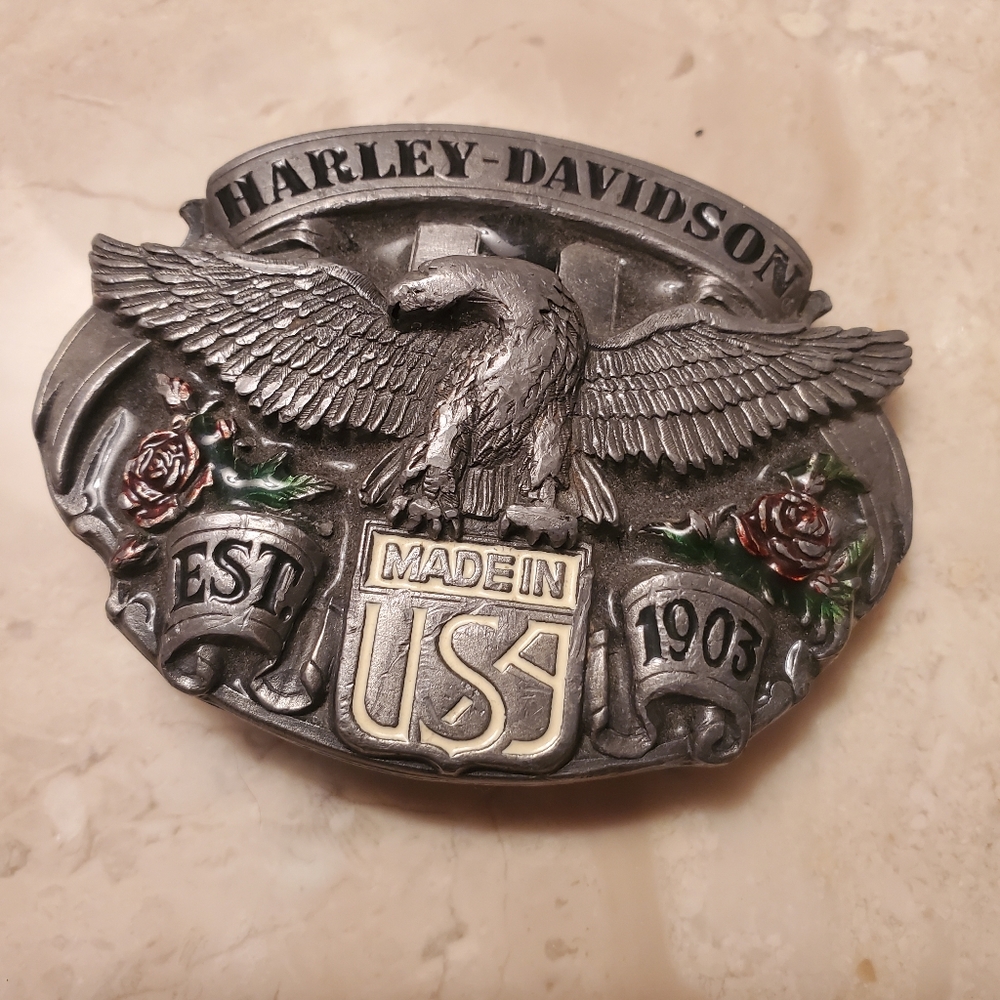 Vintage 80s Harley-Davidson Pewter Enamel Belt Buckle USA W Eagle Rose's Logo